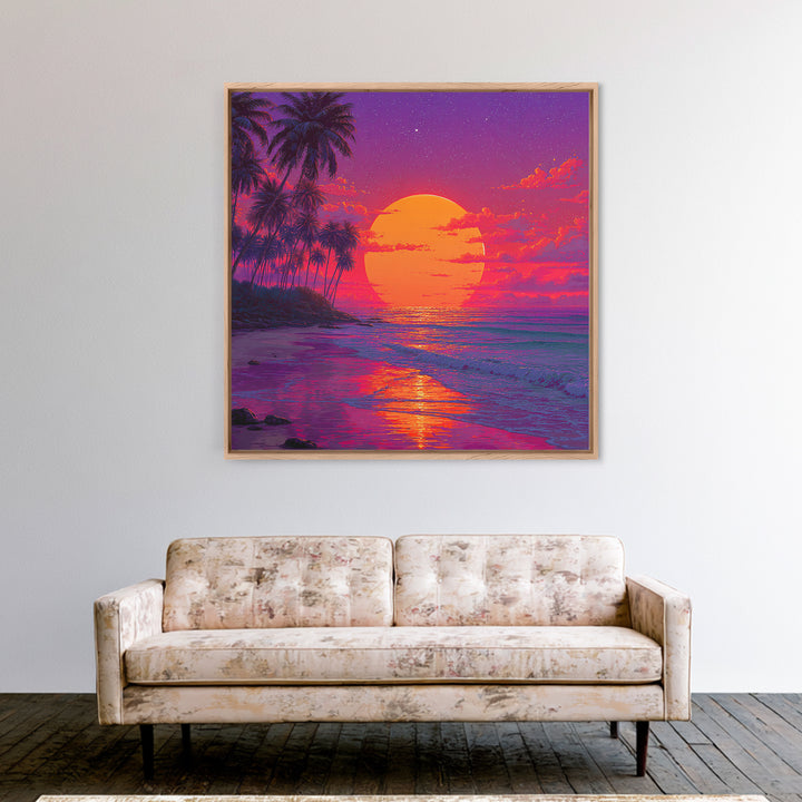 Vibrant Tropical Sunset Beach Wall Art, Palm Tree Ocean Horizon Print, Retro Coastal Summer Decor Canvas Print