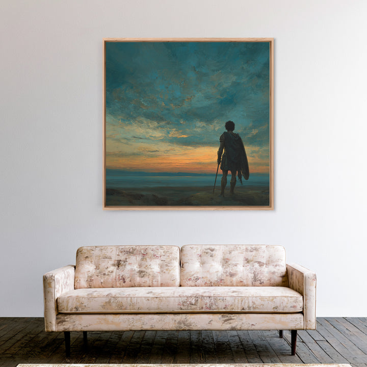 Dark Dramatic Sunset With Ancient Warrior Standing On Hill Wall Art Oil Painting Framed Canvas Print