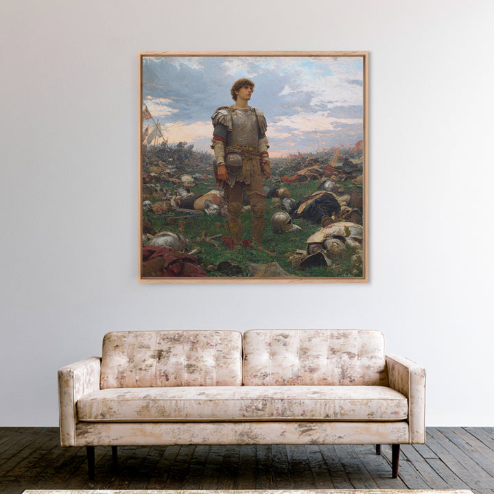 Young Knight Standing After Battle Wall Art, Medieval Warrior Oil Painting, Historical Landscape, Statement Decor, Gift For Him