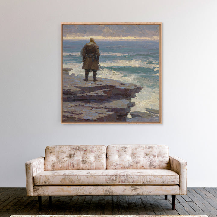 Lone Warrior On Ocean Cliff, Moody Coastal Landscape Wall Art, Viking Seascape Canvas Print, Masculine Office Decor, Gift For Him