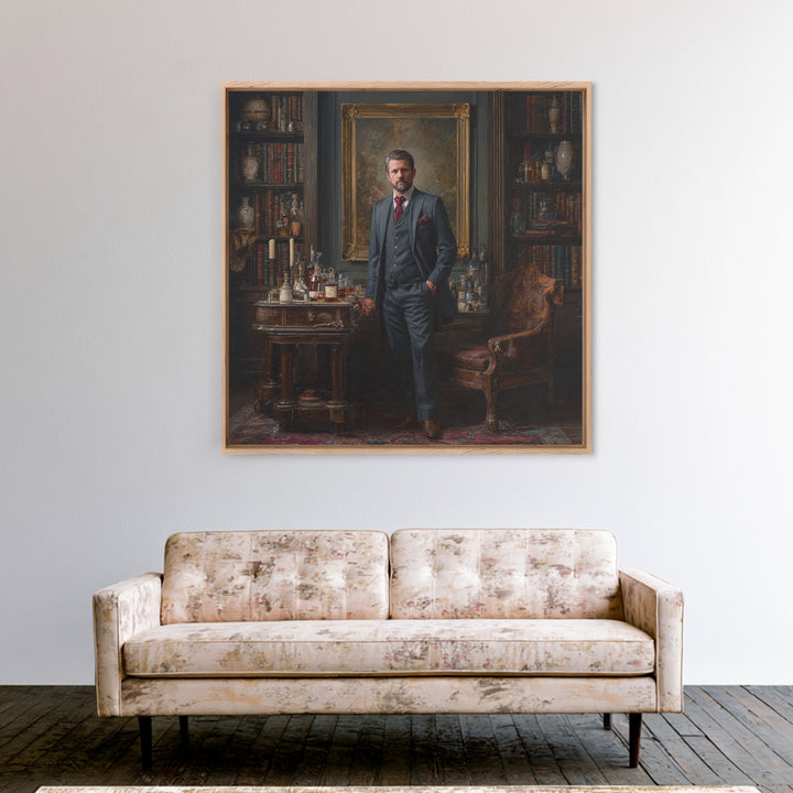 Dapper Gentleman In Antique Study Framed Canvas Print, Moody Portrait Oil Painting, Masculine Office Decor, Dark Academia Art