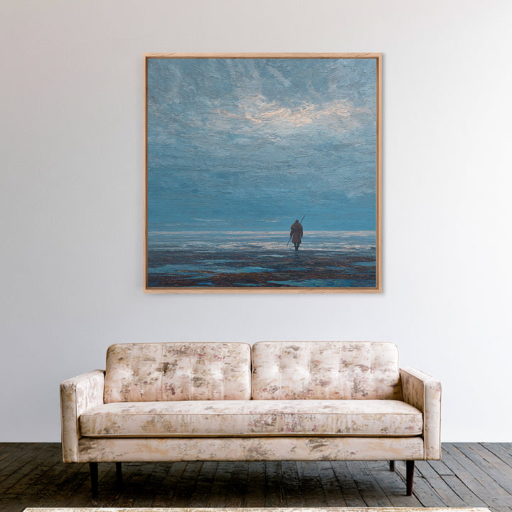 Lone Wanderer Crossing Icy Blue Shore Canvas Print, Minimalist Seascape Art, Calming Wall Art, Serene Coastal Bedroom Decor