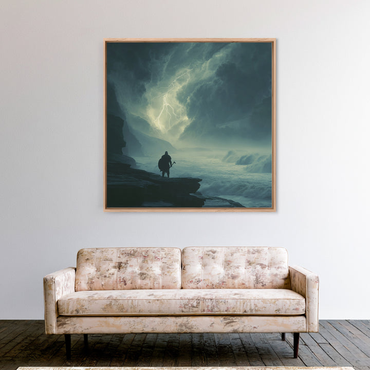 Lone Viking Facing Lightning Over Stormy Sea Wall Art, Dark Seascape Art, Fantasy Wall Decor, Moody Coastal Decor, Gift For Him