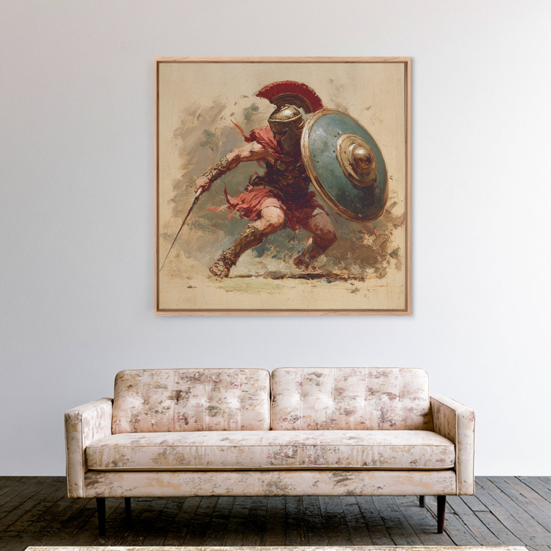 Spartan Warrior With Shield Wall Art, Red Plume Gladiator Action Painting, Bold Classical Canvas Print For Game Room Decor