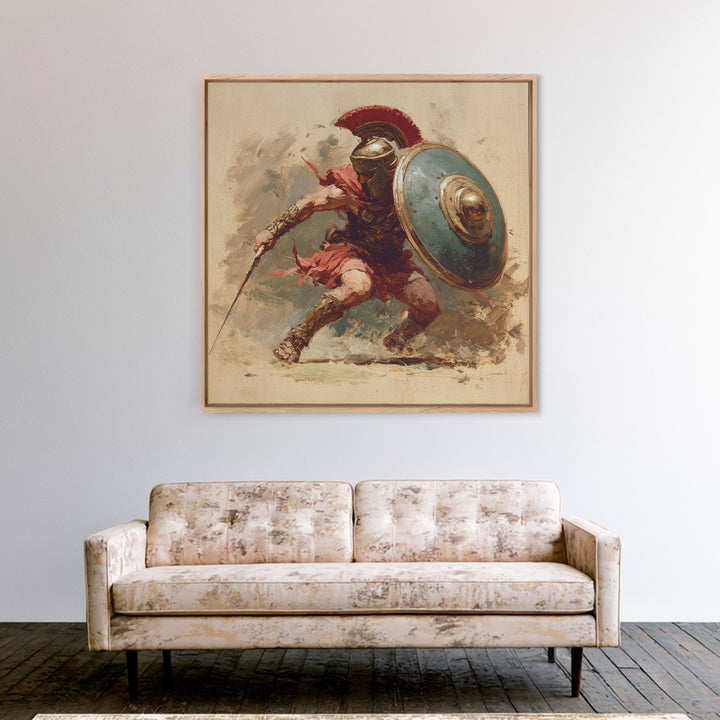 Spartan Warrior With Shield Wall Art, Red Plume Gladiator Action Painting, Bold Classical Canvas Print For Game Room Decor