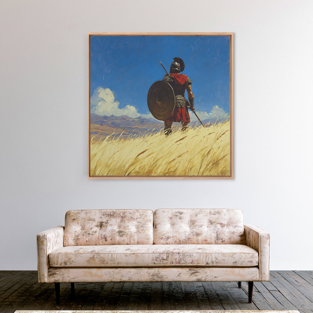 Spartan Warrior In Golden Field Framed Canvas Print, Ancient Greece Landscape, Masculine Wall Art, Western Office Decor Gift
