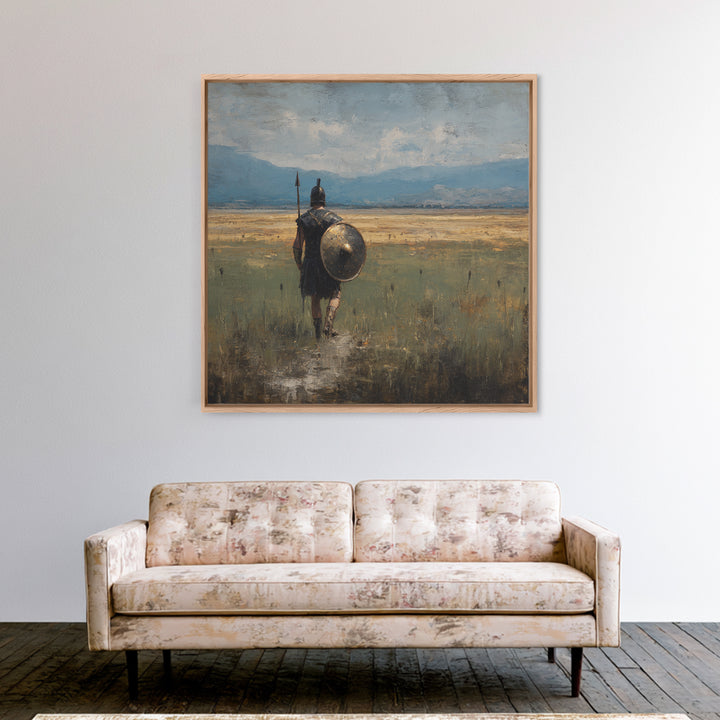Lone Hoplite Crossing Golden Plains Wall Art, Ancient Greek Landscape Oil Painting, Historical Decor, Masculine Art Print