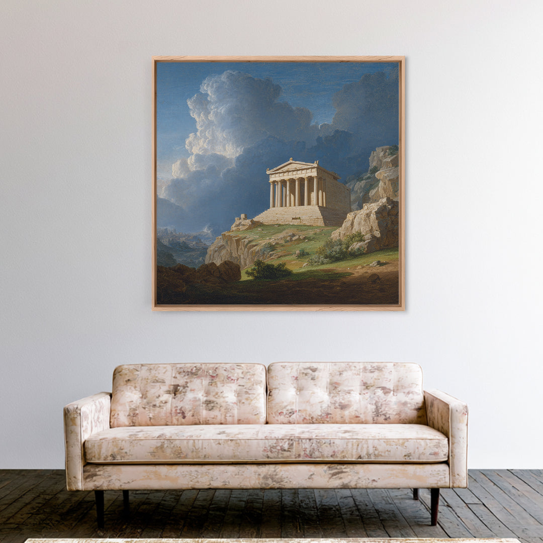 Classical Greek Temple On Rocky Hill Canvas Print, Ancient Architecture Wall Art, Mediterranean Landscape, Elegant Home Decor