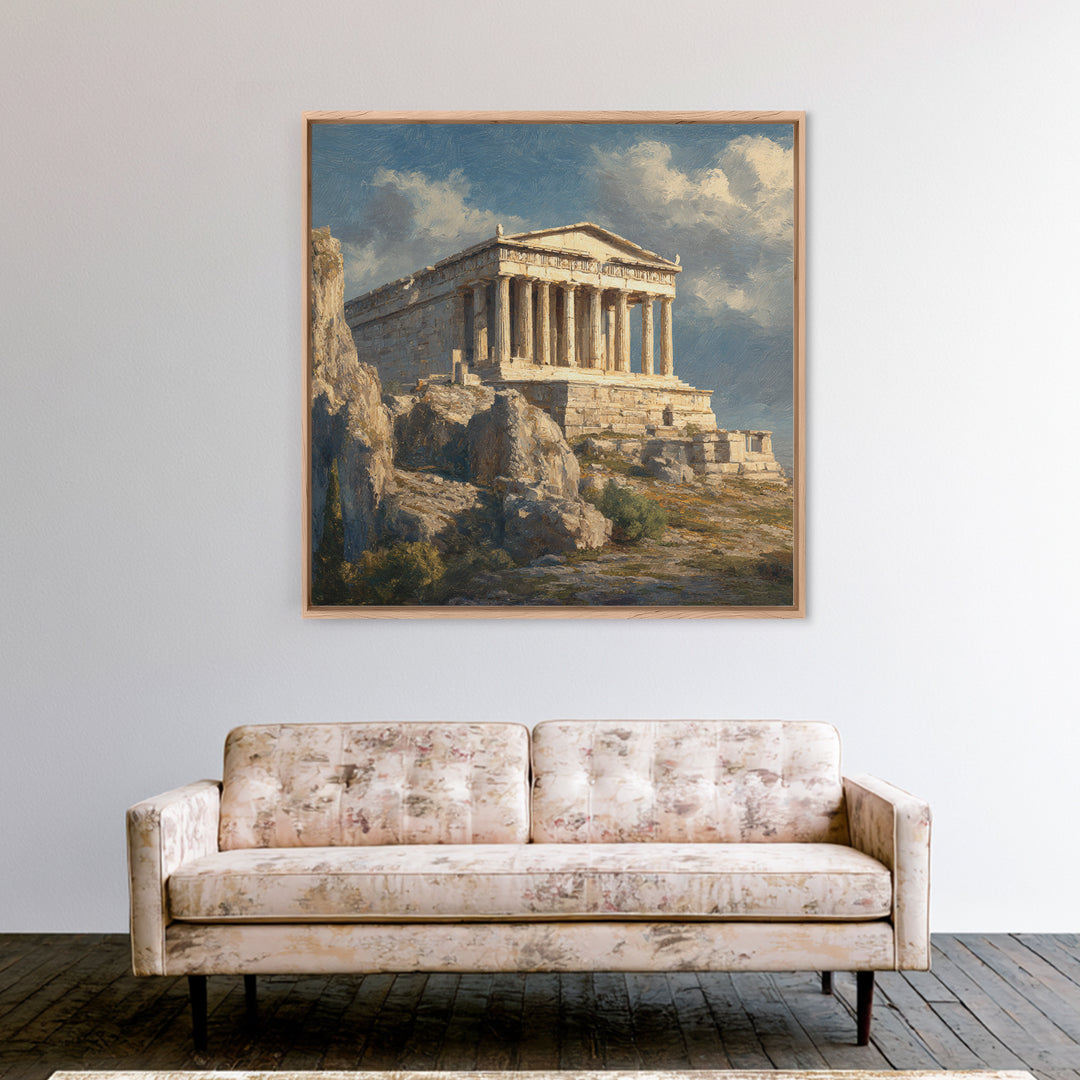 Sunlit Greek Temple On Rocky Acropolis Wall Art, Classical Architecture Oil Painting, Ancient Greece Decor, Fine Art Print