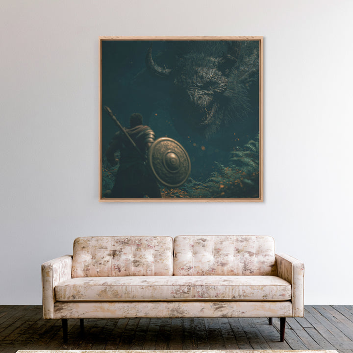Hero Facing Giant Mythic Beast In Dark Forest Canvas Print, Fantasy Wall Art, Monster Art, Gothic Decor, Gift For Him, Dark Art