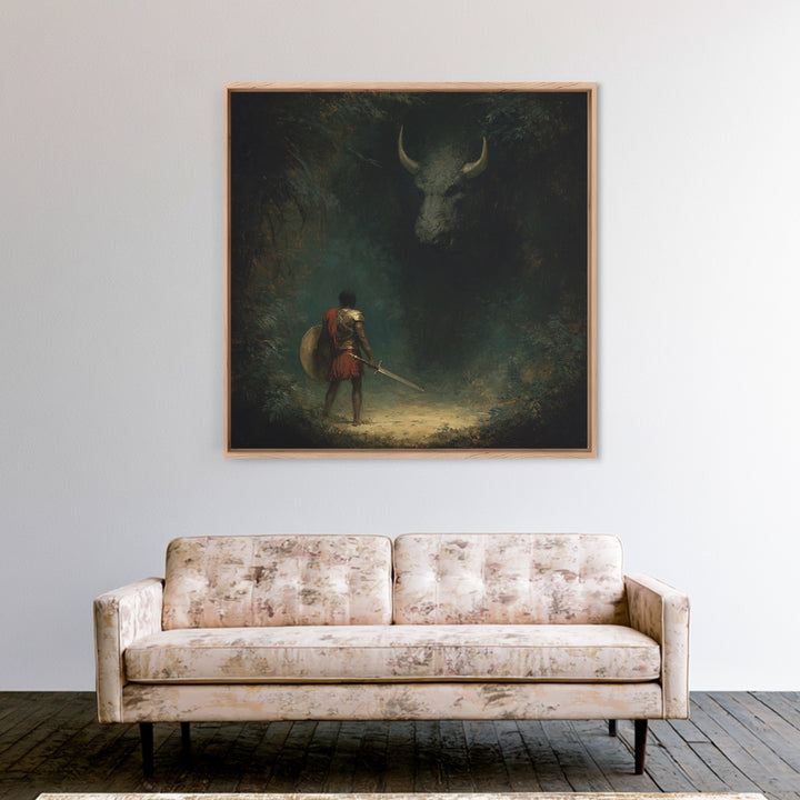 Hero Facing Shadow Minotaur In Dark Forest Framed Canvas Print, Mythological Fantasy Art, Moody Wall Decor, Gothic Art Gift