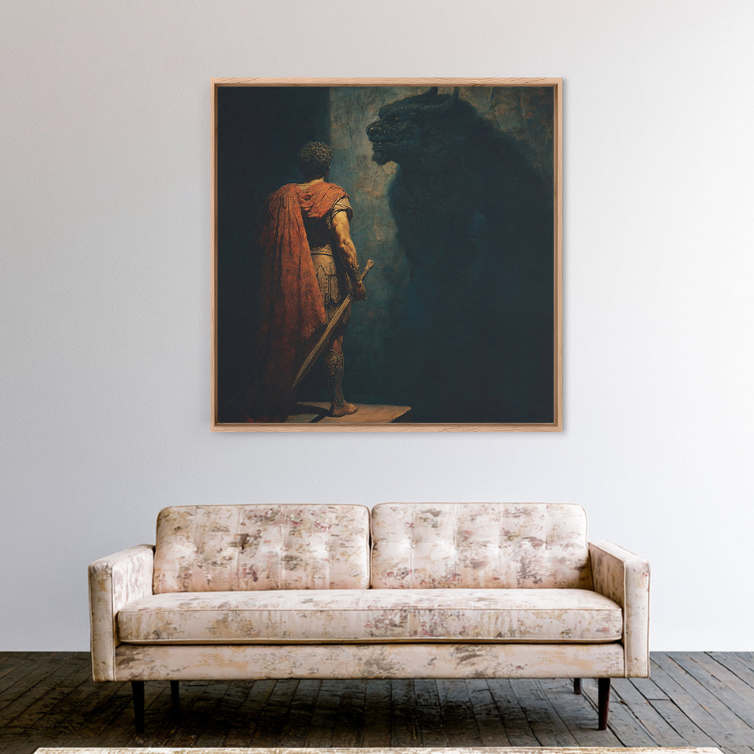 Hero Facing Minotaur In Shadows Canvas Print, Dark Mythology Wall Art, Ancient Greek Fantasy Decor, Dramatic Fine Art Print