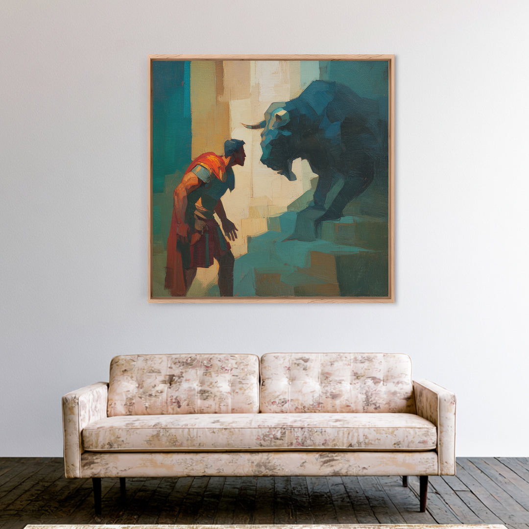 Brave Roman Facing Black Bull Wall Art, Mythological Animal Painting, Bold Modern Canvas For Masculine Office Decor Gift