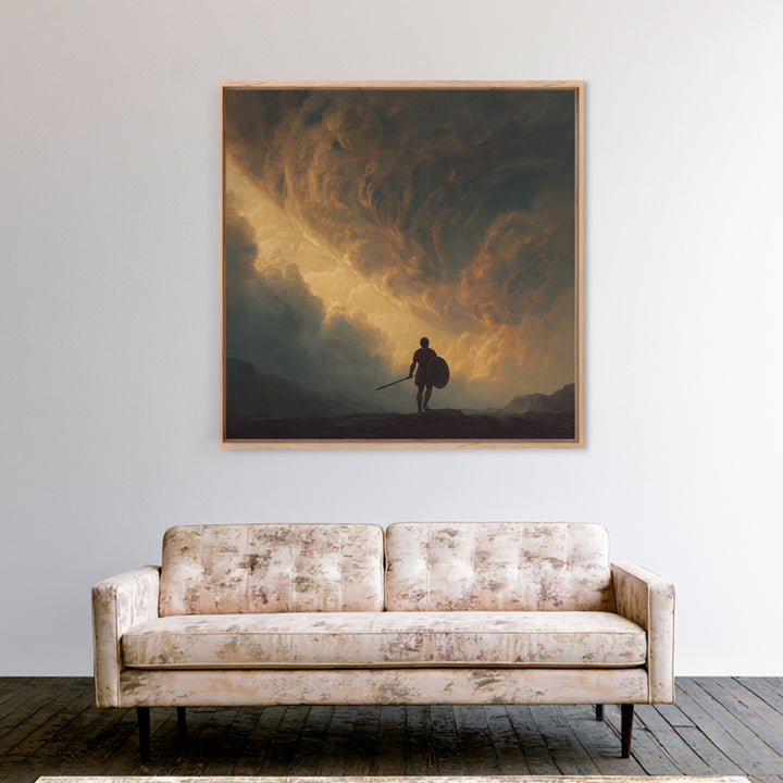 Warrior Beneath Golden Storm Clouds Canvas Print, Epic Fantasy Landscape Painting, Dramatic Wall Decor For Men, Living Room Decor