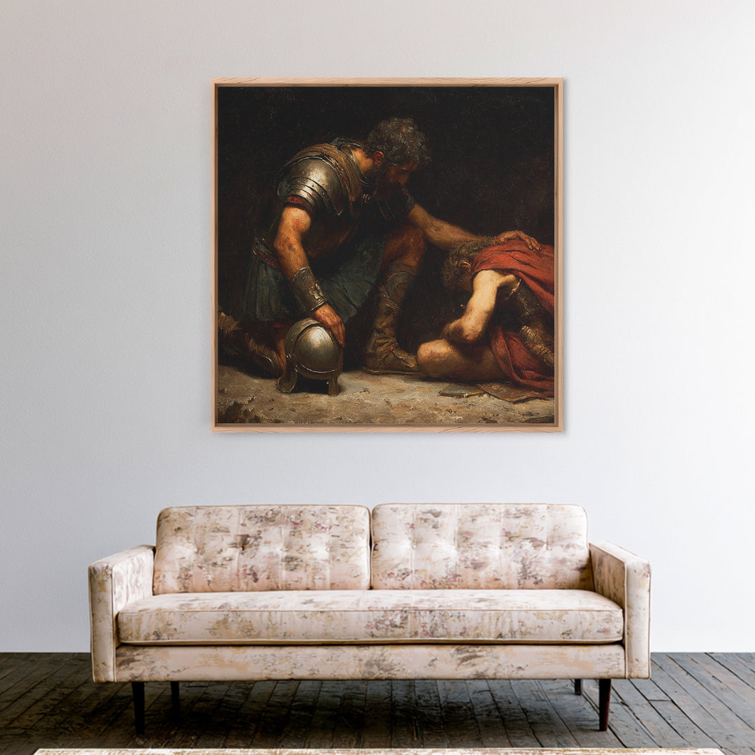 Wounded Ancient Soldier Kneeling By Armored Companion Canvas Print, Classical Wall Art, Mythological Art, Dark Academia Decor