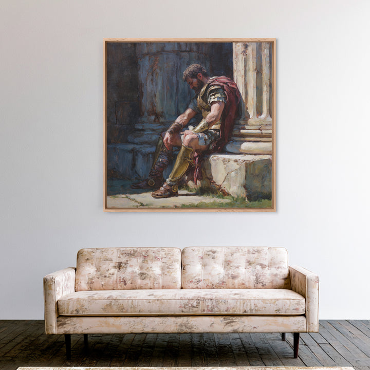 Weary Roman Soldier Resting Beside Columns Framed Canvas Print, Classical Portrait Art, Historical Wall Decor, Gift For Him