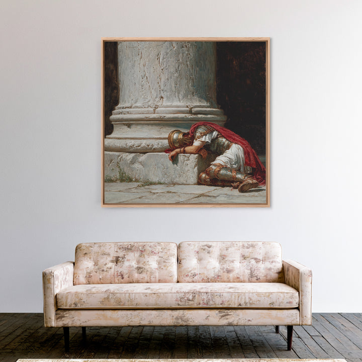 Fallen Roman Soldier Beside Marble Column, Classical Framed Canvas Print, Historical Wall Art, Ancient Rome Decor, Museum Style