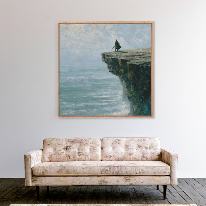 Lone Wanderer On Ocean Cliff Canvas Print, Moody Seascape Landscape Art, Coastal Fantasy Decor, Large Wall Art For Living Room