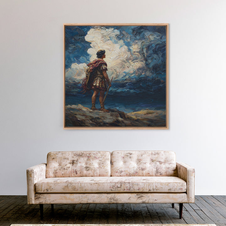 Roman Warrior Under Storm Clouds Framed Canvas Print, Dramatic Mythological Art, Dark Academia Office Decor Gift For Him