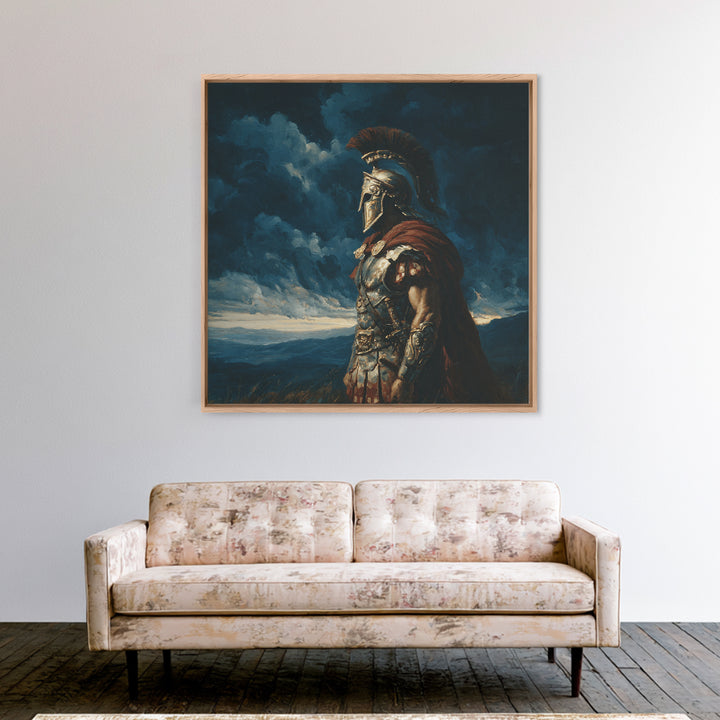 Stoic Roman Warrior Under Storm Clouds Framed Canvas Print, Mythological Art, Dark Academia Decor, Masculine Office Wall Art