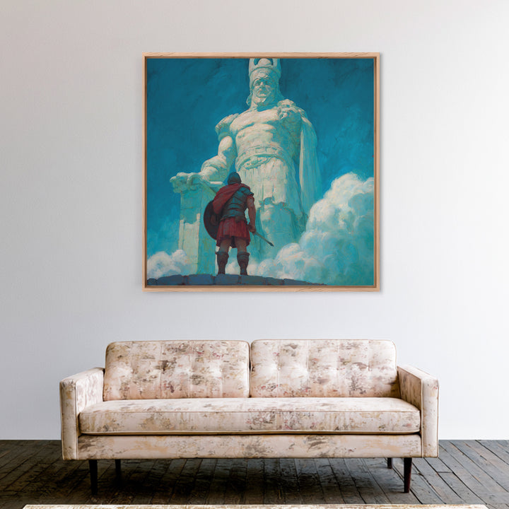 Hero Before Colossal Ancient Statue Framed Canvas Print, Fantasy Wall Art, Mythological Art, Blue Wall Decor, Gift For Him