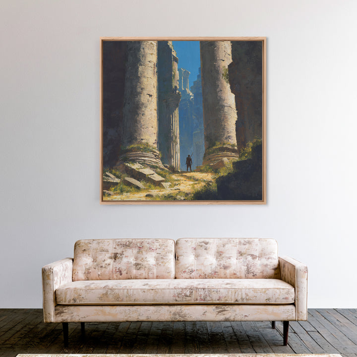 Lone Explorer In Ancient Ruins Wall Art, Fantasy Temple Landscape Painting, Dramatic Architecture Decor, Adventure Gift Idea