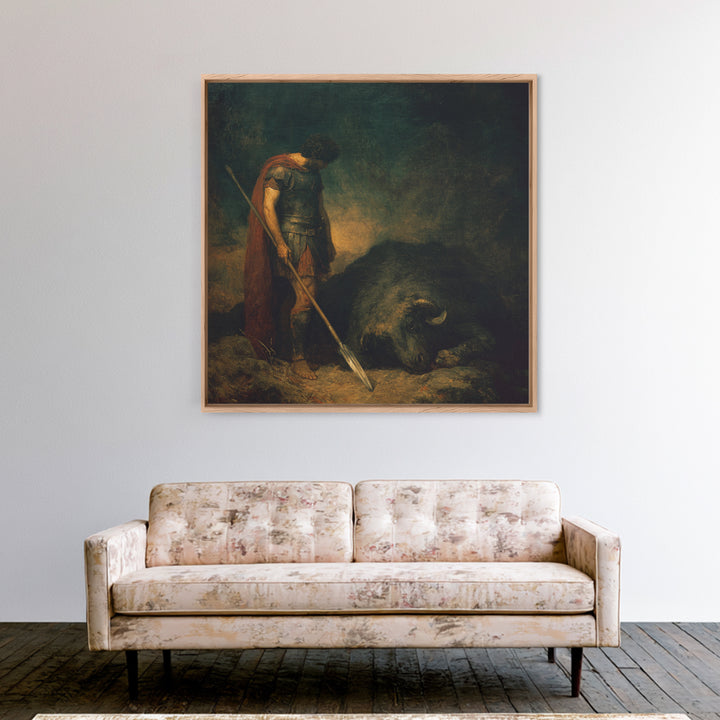 Heroic Spearman Beside Fallen Beast Wall Art, Mythological Warrior Oil Painting, Dark Fantasy Fine Art Print Living Room Decor
