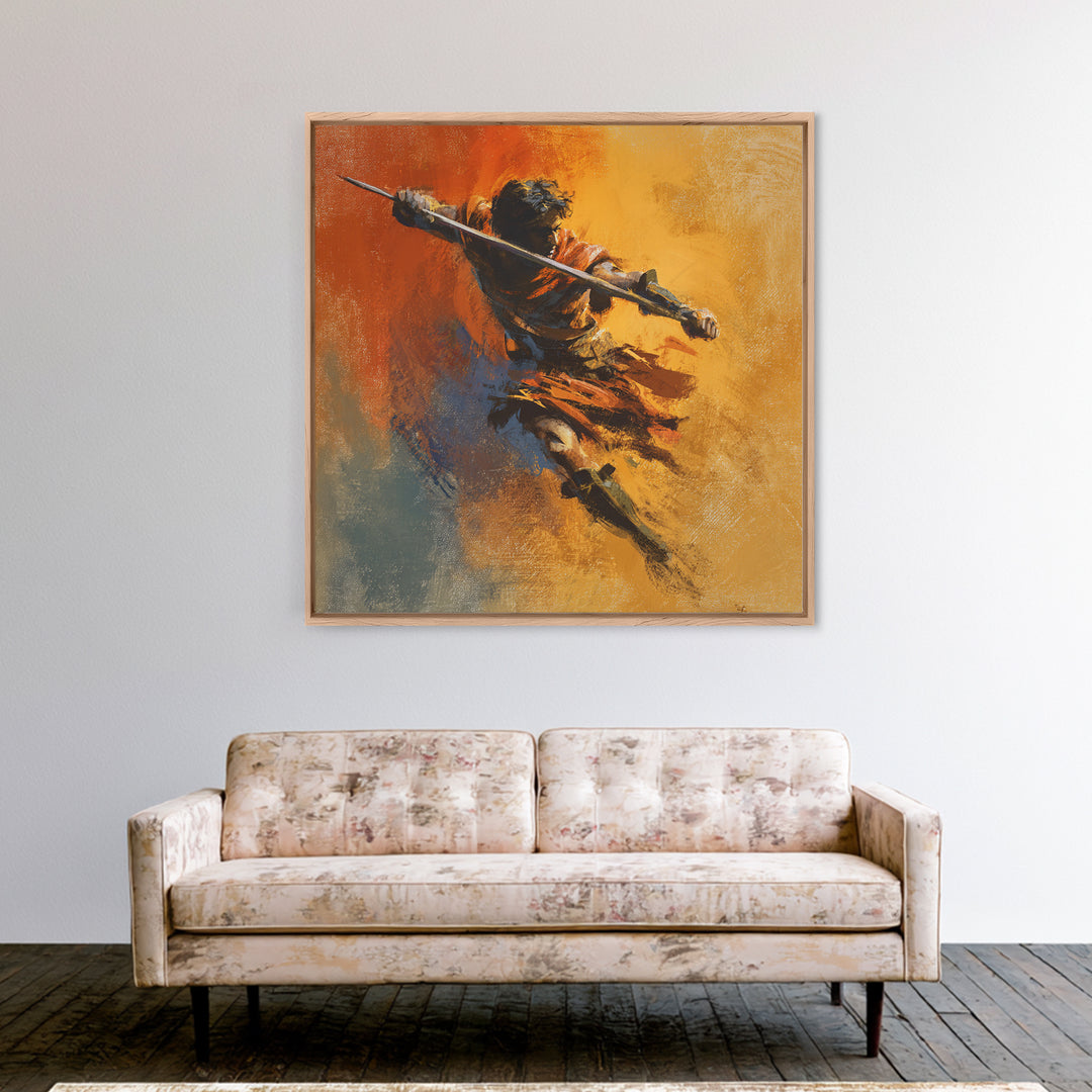 Dynamic Spear Warrior In Orange Canvas Print, Abstract Battle Figure Wall Art, Bold Fantasy Decor, Energetic Statement Art
