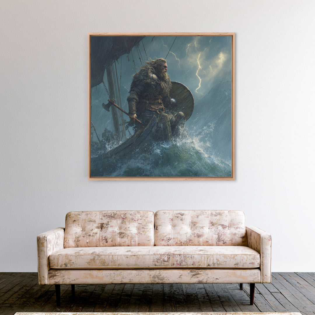 Viking Warrior In Stormy Seas Framed Canvas Print, Norse Mythology Wall Art, Dark Nautical Decor, Gift For Him, Masculine Office Art