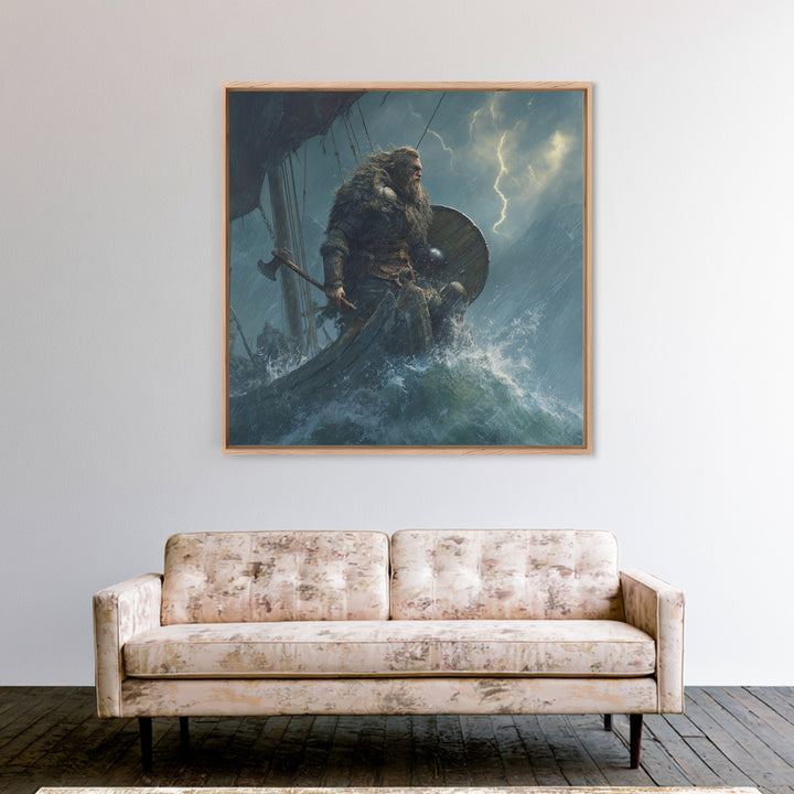 Viking Warrior In Stormy Seas Framed Canvas Print, Norse Mythology Wall Art, Dark Nautical Decor, Gift For Him, Masculine Office Art