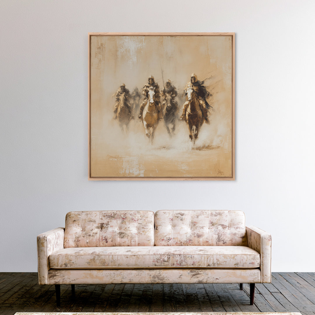 Four Dusty Medieval Horsemen Large Wall Art, Neutral Cavalry Painting, Rustic Western Canvas For Living Room And Office Decor Gift