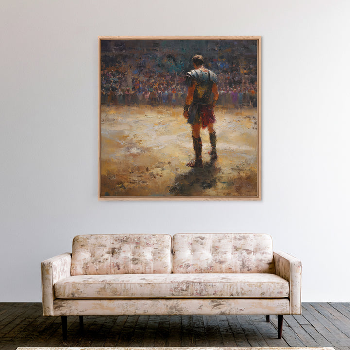 Lone Gladiator In Arena Spotlight Canvas Print, Roman Colosseum Wall Art, Historical Oil Painting, Masculine Office Decor