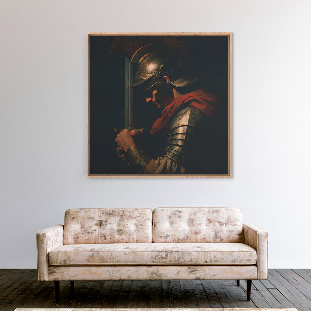 Roman Warrior With Sword And Bronze Helmet Framed Canvas Print, Dark Academia Wall Art, Mythological Art, Gift For Him, Decor