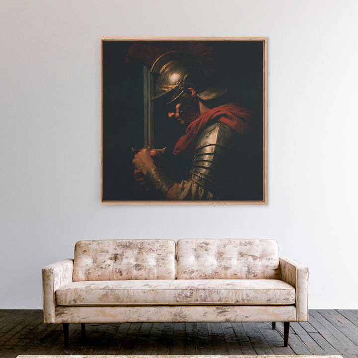 Roman Warrior With Sword And Bronze Helmet Framed Canvas Print, Dark Academia Wall Art, Mythological Art, Gift For Him, Decor