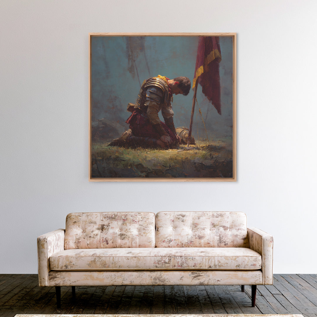 Kneeling Knight With Battle Standard Framed Canvas Print, Medieval Warrior Oil Painting, Dark Academia Wall Decor, Gift For Him