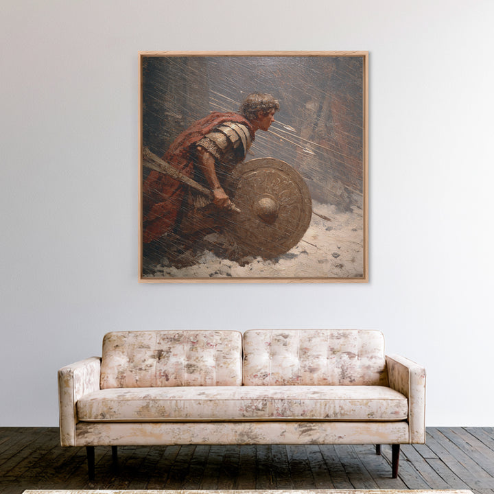 Roman Warrior Under Arrow Fire Wall Art, Snow Battle Shield Painting, Historical Canvas Print For Masculine Office Decor