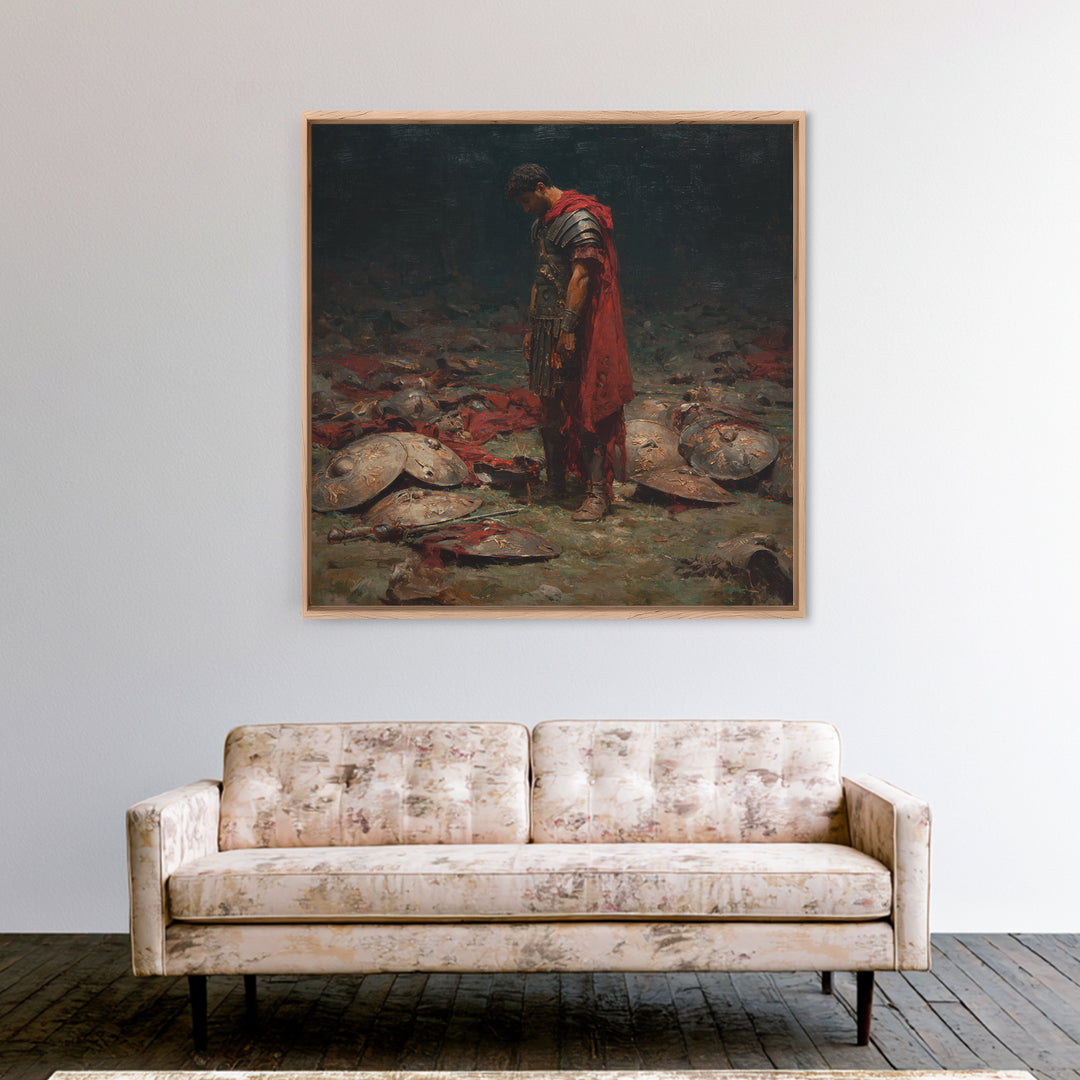 Defeated Roman Soldier Among Shields Framed Canvas Print, Somber Historical Oil Painting, Dark Academia Wall Art Decor Gift
