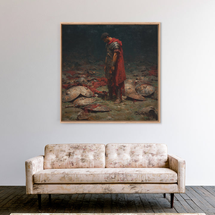 Defeated Roman Soldier Among Shields Framed Canvas Print, Somber Historical Oil Painting, Dark Academia Wall Art Decor Gift