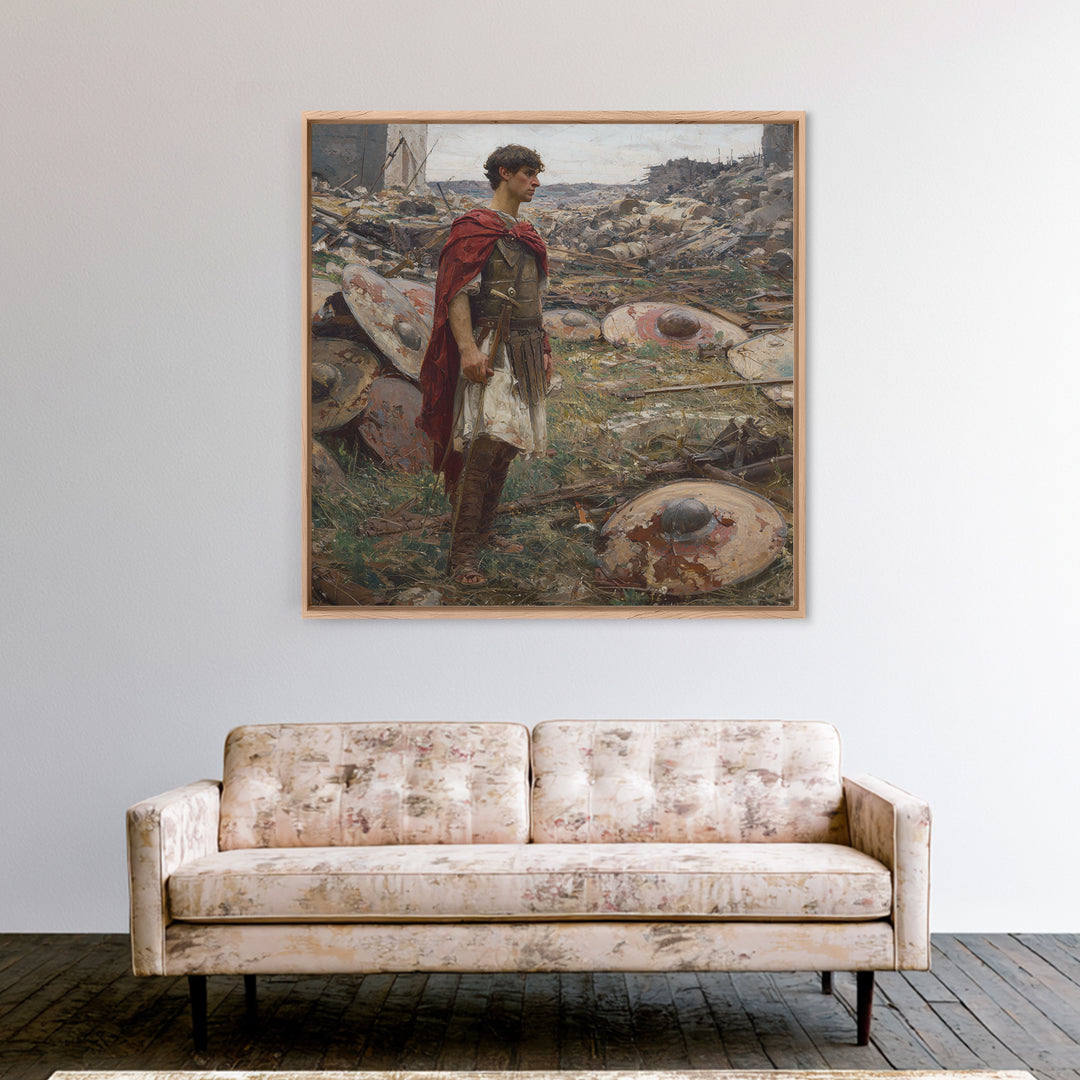 Roman Soldier Among Fallen Shields Wall Art, Ancient Warrior Oil Painting, Classical History Decor, Masculine Living Room Art