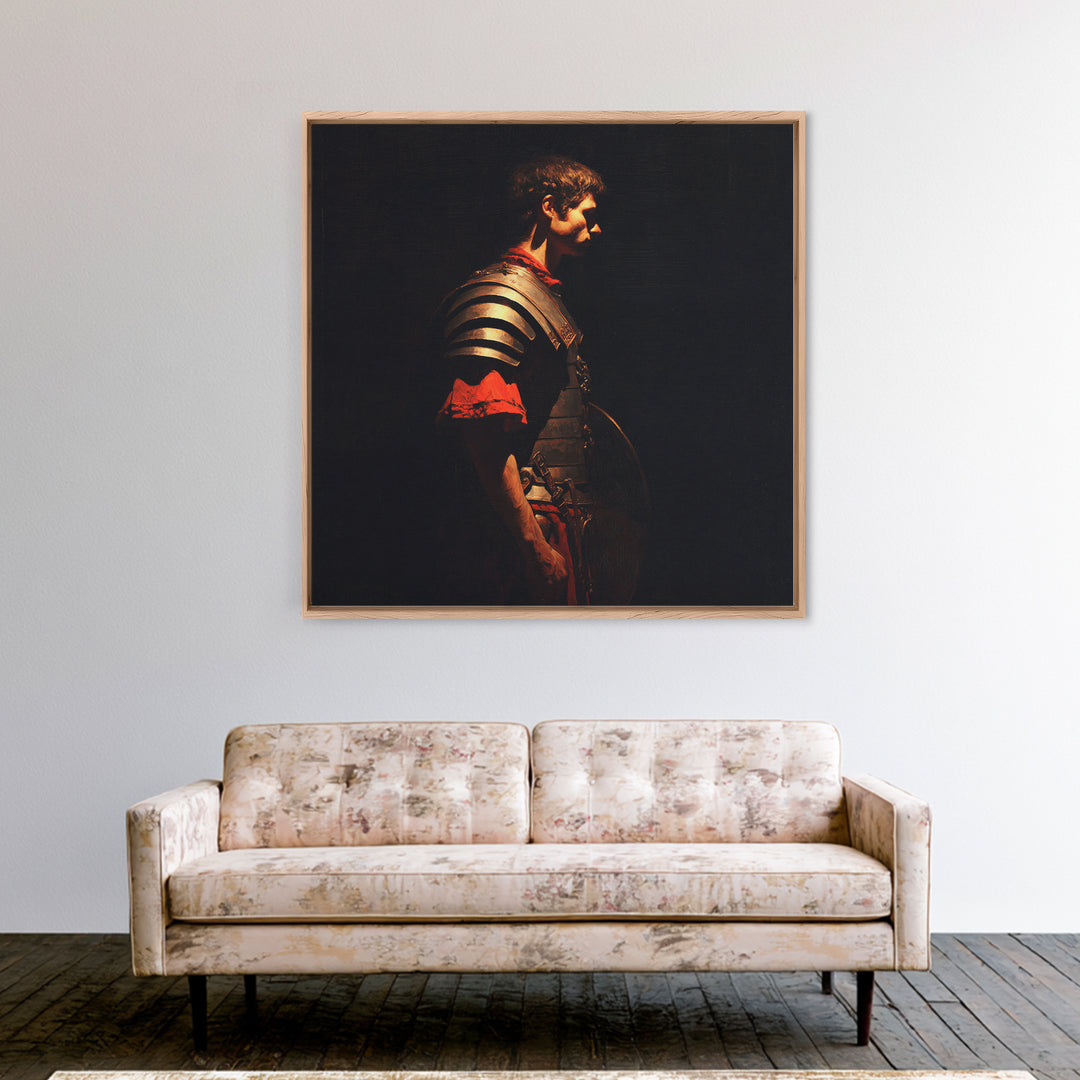 Roman Warrior In Shadow Wall Art, Dark Academia Soldier Portrait, Classical Armor Oil Painting For Masculine Office Decor