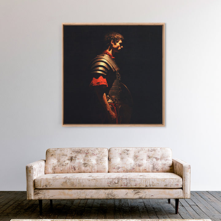 Roman Warrior In Shadow Wall Art, Dark Academia Soldier Portrait, Classical Armor Oil Painting For Masculine Office Decor