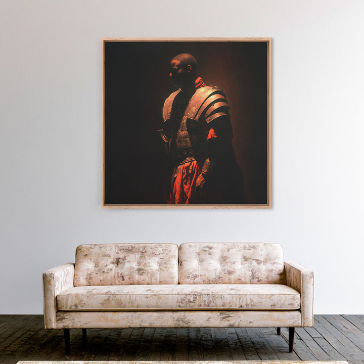 Black Knight In Ornate Armor Wall Art, Moody Warrior Portrait, Dark Academia Framed Canvas Print, Masculine Office Decor
