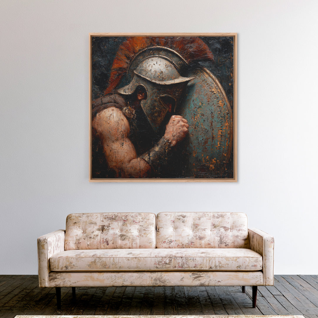 Dark Spartan Helmet And Shield Wall Art, Ancient Warrior Oil Painting, Greek Soldier Decor, Masculine Office, Gift For Him