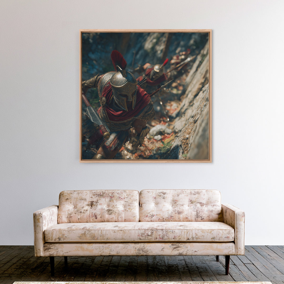 Spartan Warriors Climbing Rocky Pass Framed Canvas Print, Ancient Greek Wall Art, Roman Soldier Decor, History Gift, Fine Art