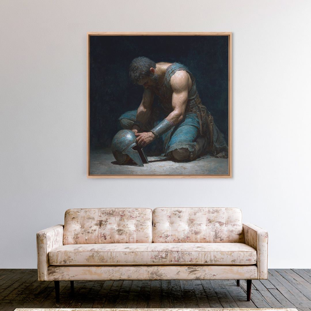 Kneeling Gladiator Holding Helmet Framed Canvas Print, Roman Warrior Oil Painting, Dark Masculine Wall Art For Office Decor