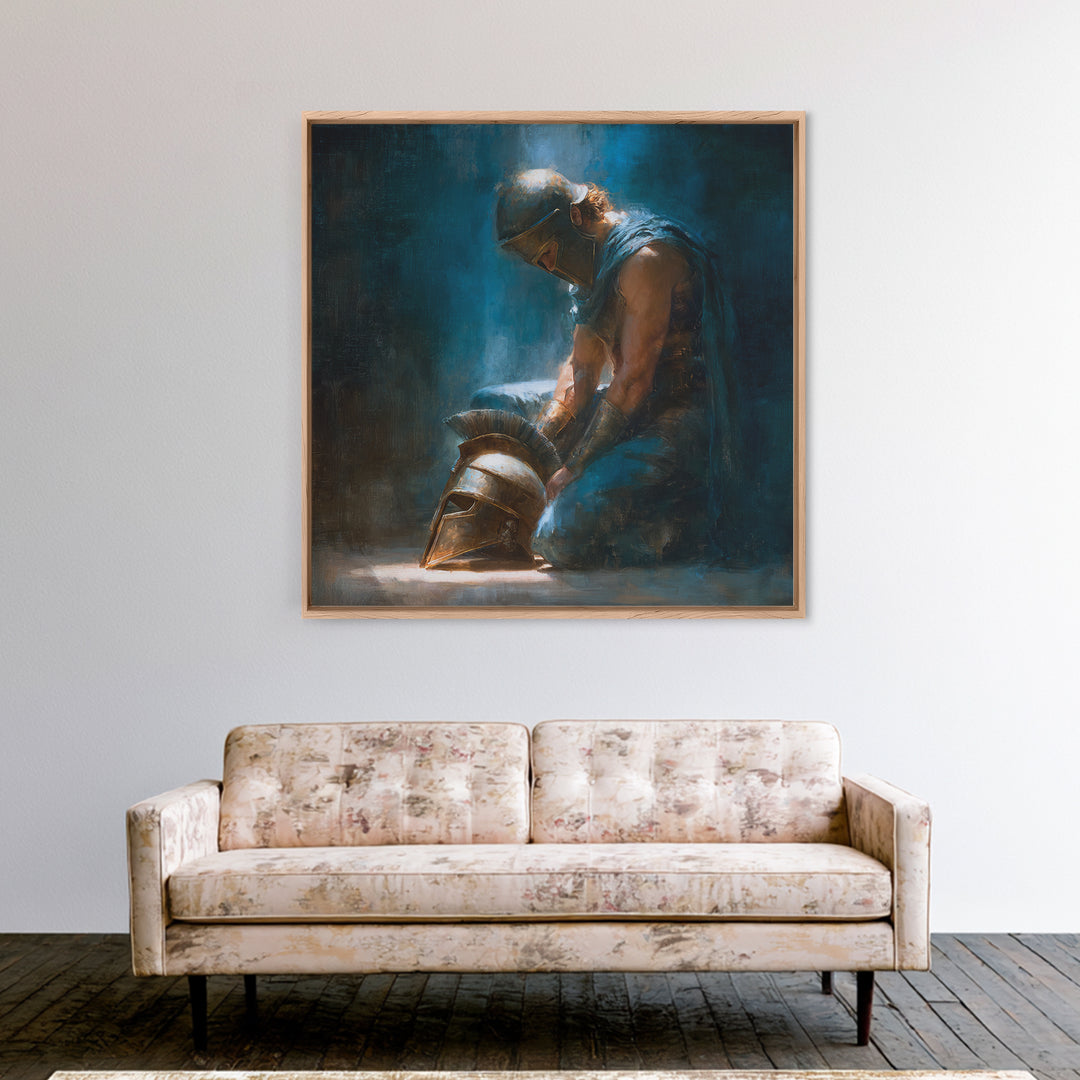 Kneeling Warrior With Bronze Helmet Framed Canvas Print, Dark Roman Oil Painting, Moody Masculine Office Wall Art Decor Gift