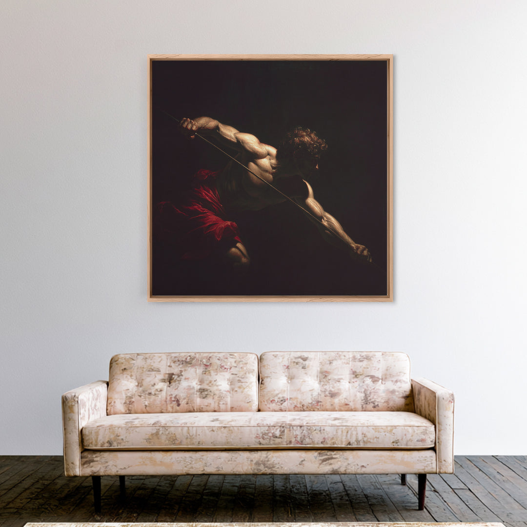 Muscular Archer In Dramatic Shadow, Baroque Framed Canvas Print, Classical Figure Wall Art, Dark Academia Decor, Gift For Him
