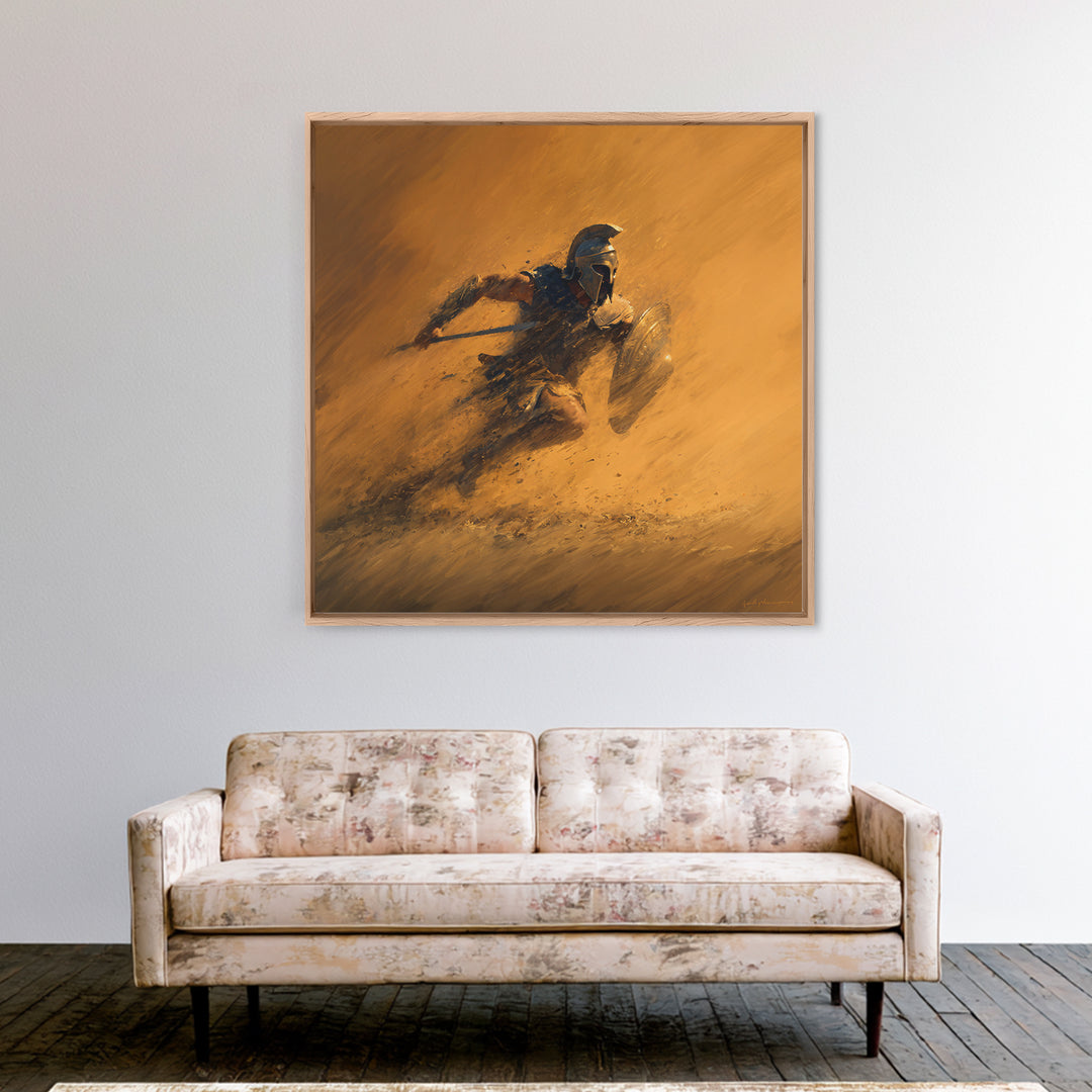 Spartan Warrior Charging Through Sandstorm Canvas Print, Greek Wall Art, Action Painting, Warm Orange Decor, Gift For Him