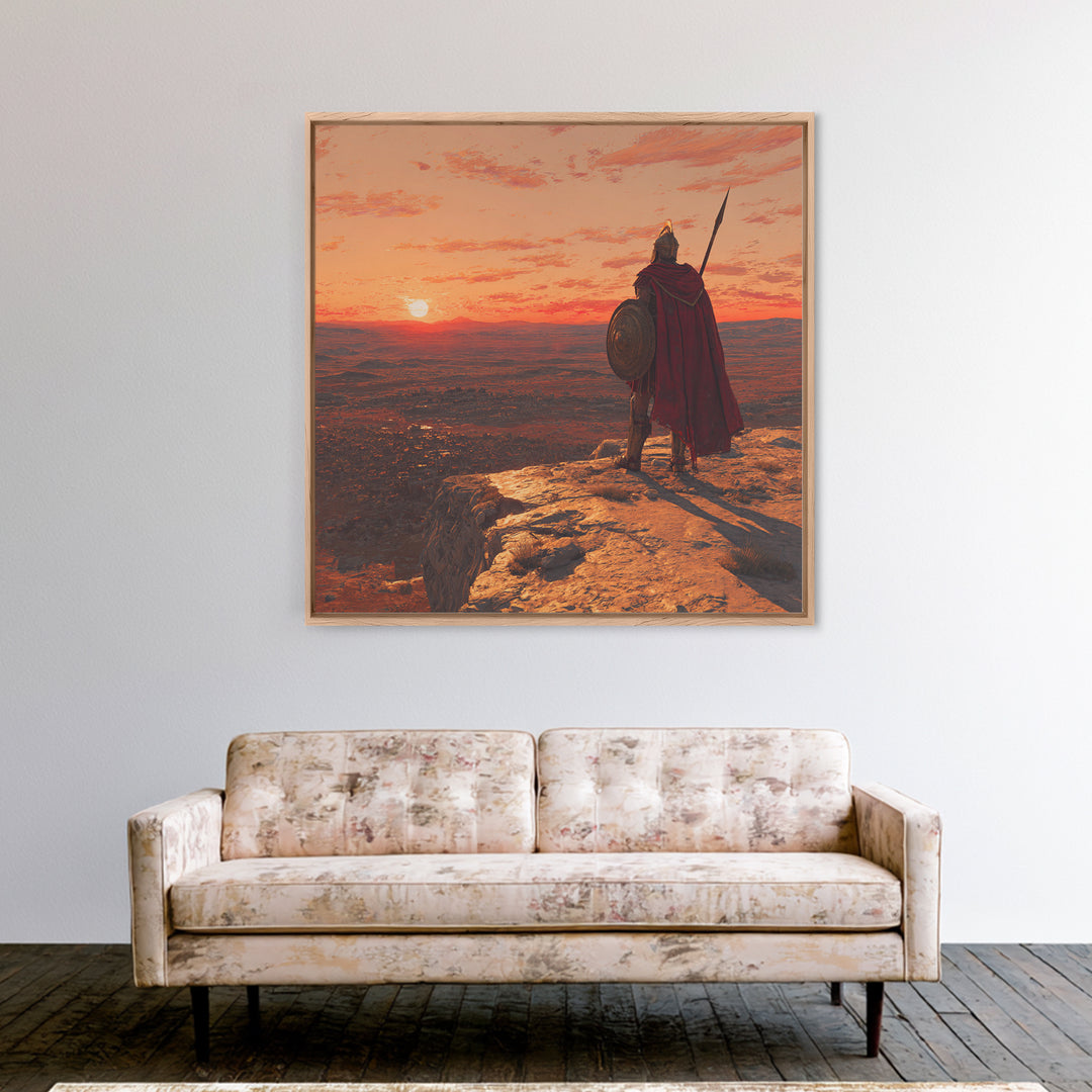Ancient Warrior At Sunset Over Valley Canvas Print, Spartan Wall Art, Historical Landscape, Masculine Office Decor Gift Idea