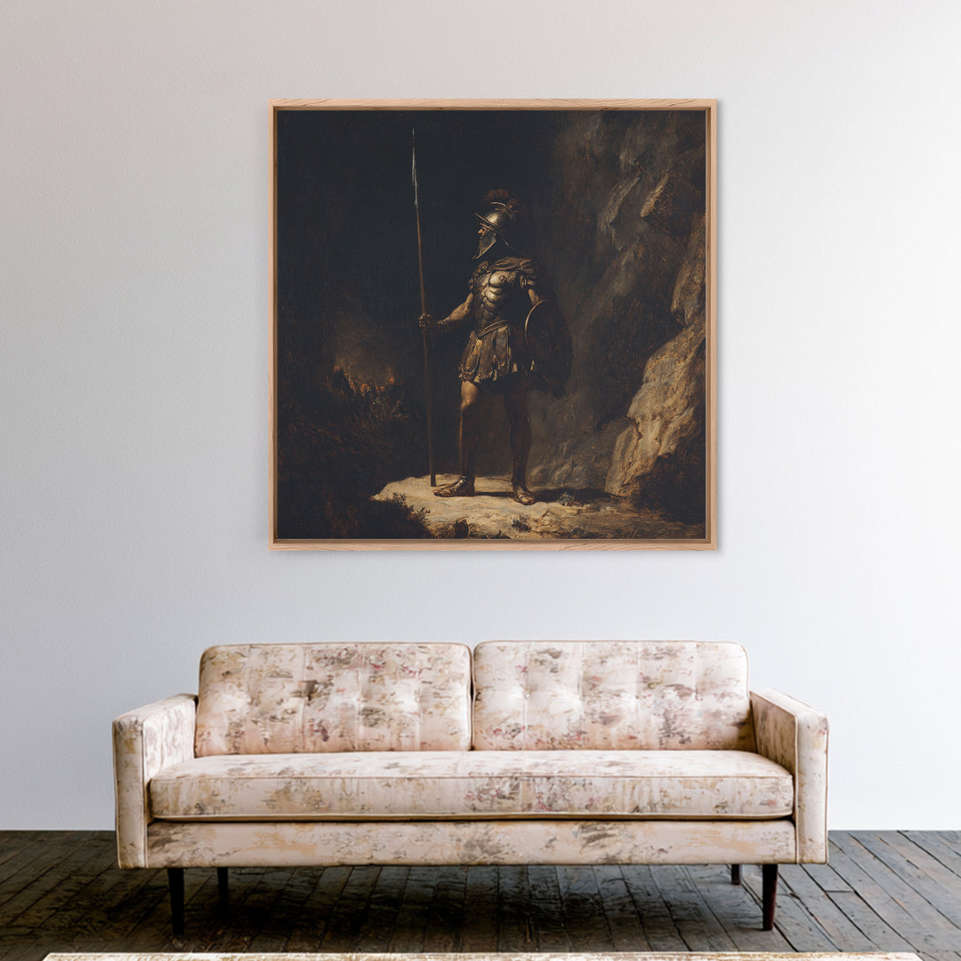 Ancient Spearman Guard In Dark Cave Canvas Print, Historical Classical Warrior Art, Moody Wall Decor, Masculine Office Decor